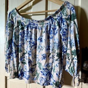 Cream & Blue Floral Off Shoulder Peasant Top